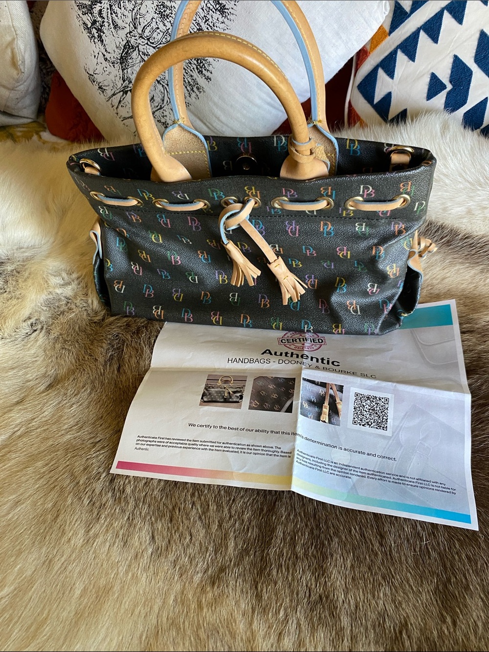 Dooney & Bourke Black Multicolor Logo Drawstring Satchel with Tan Trim- with COA